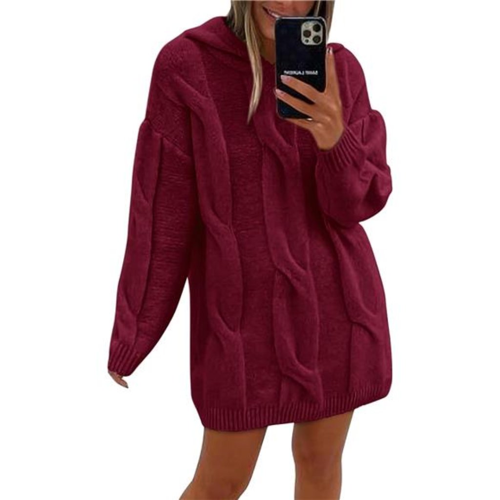 Women's Oversized Knit Hooded Pullover Wine Red